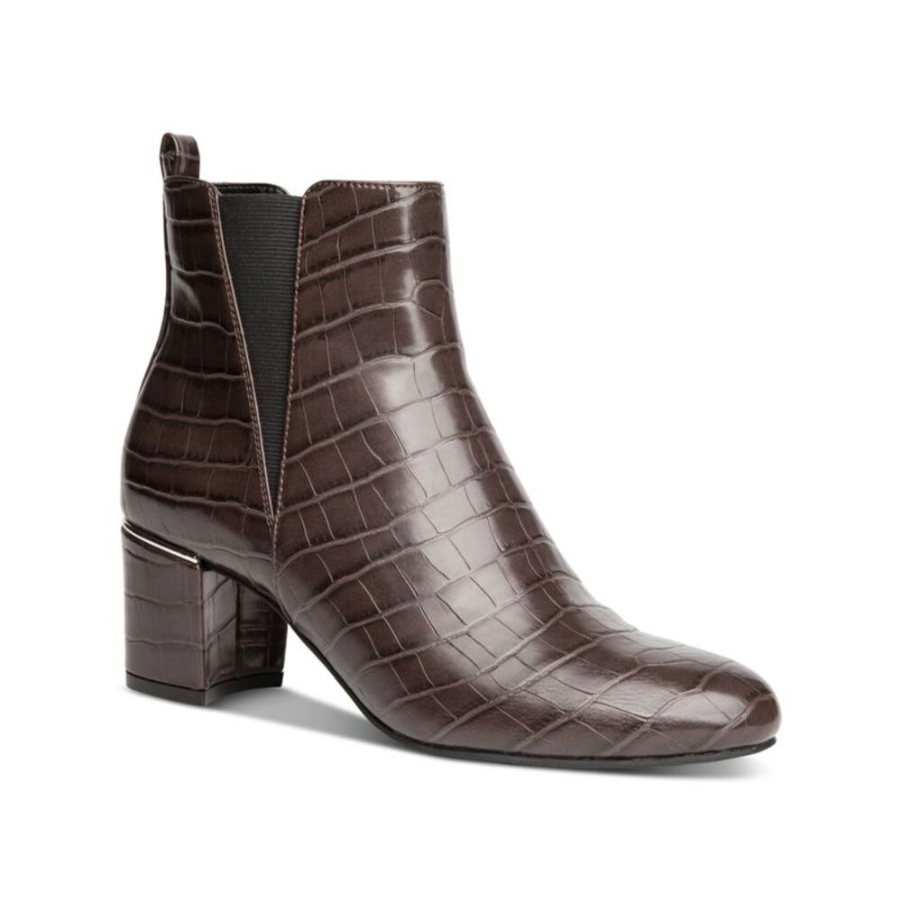 ALFANI Womens Brown Side Gores Heel Accent Round Toe Block Heel Booties 10